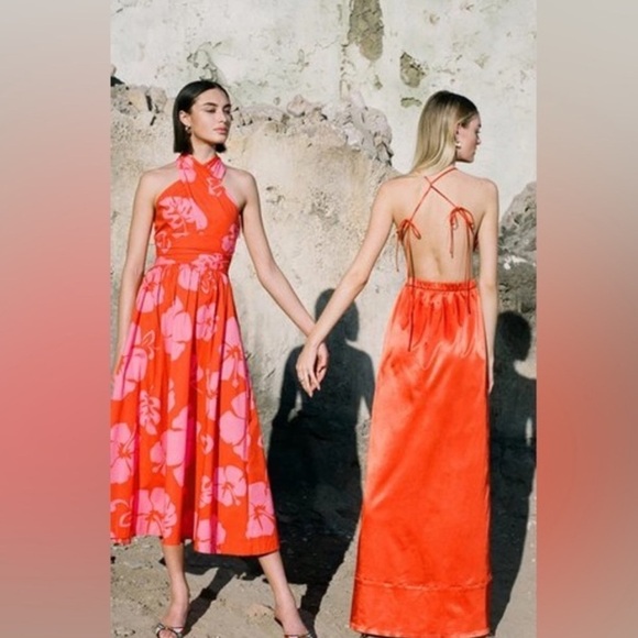 STAUD Satin Open Cut-Out Tie Back High Neck Halter Long Maxi Dress Orange - L - Picture 3 of 7